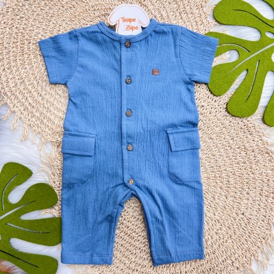 Macacão Longo Anarruga com Botões e Bolsos - Azul Jeans